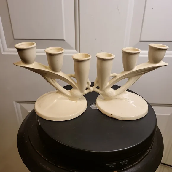 Vintage Porcelain  Bisque Japanese Matte Cream Candle Holders 6" - Picture 4 of 11